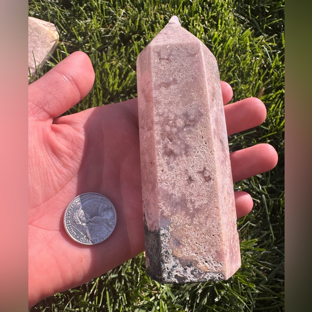 Pink Amethyst and Moss Agate Stone Crystal Tower